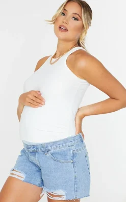 Maternity Blue Belly Band Light Wash Ripped Denim Shorts