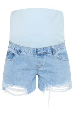 Maternity Blue Belly Band Light Wash Ripped Denim Shorts