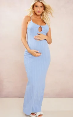 Maternity Blue Textured Strappy Cut Out Midaxi Dress