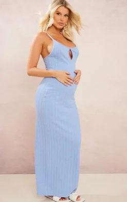 Maternity Blue Textured Strappy Cut Out Midaxi Dress