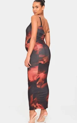 Maternity Brown Asymmetric Onion Skin Flower Print Maxi Dress