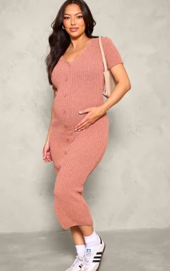 Maternity Brown Knit Button Up Midaxi Dress