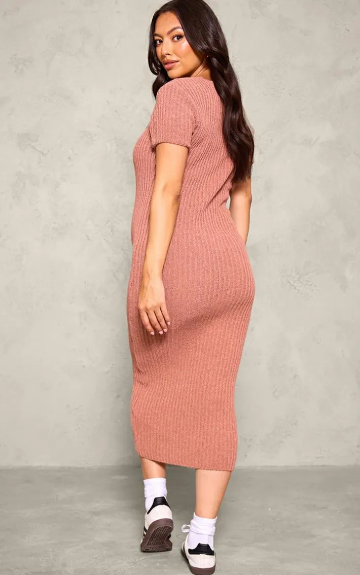 Maternity Brown Knit Button Up Midaxi Dress