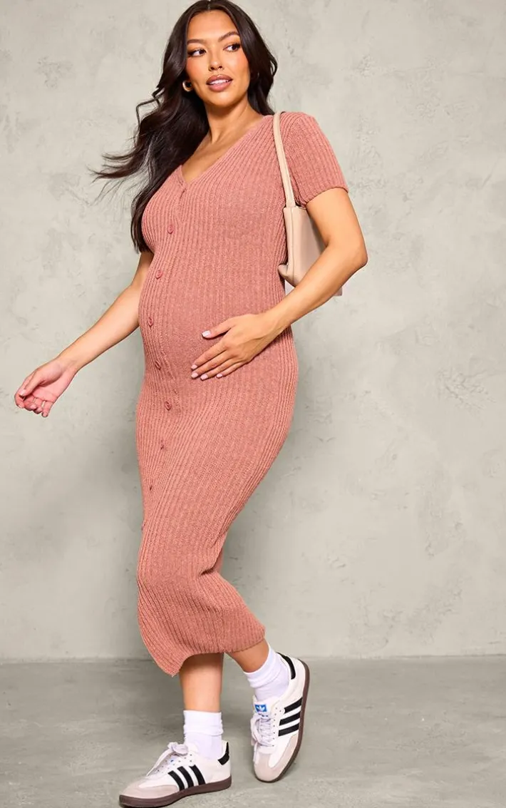Maternity Brown Knit Button Up Midaxi Dress
