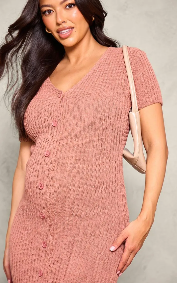 Maternity Brown Knit Button Up Midaxi Dress