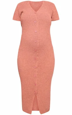 Maternity Brown Knit Button Up Midaxi Dress