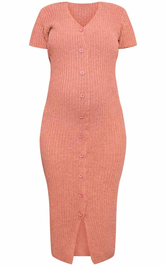 Maternity Brown Knit Button Up Midaxi Dress