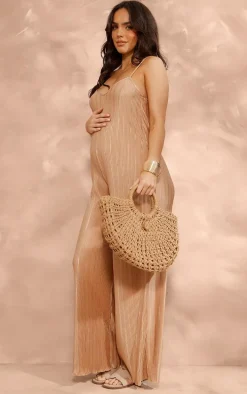 Maternity Champagne Plisse Open Back Jumpsuit
