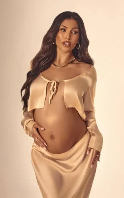 Maternity Champagne Satin Open Tie Front Top