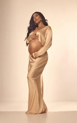 Maternity Champagne Satin Open Tie Front Top