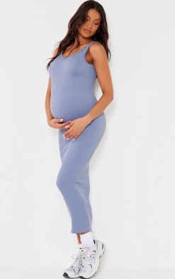 Maternity Charcoal Blue Rib Scoop Neck Bodycon Maxi Dress