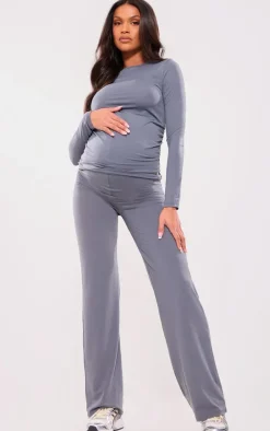 Maternity Charcoal Cotton Jersey High Waisted Flares