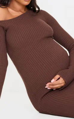 Maternity Chocolate Asymmetric Long Sleeve Rib Knit Maxi Dress