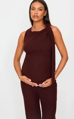 Maternity Chocolate Brushed Rib Tie Shoulder Top