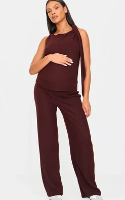 Maternity Chocolate Brushed Rib Tie Shoulder Top