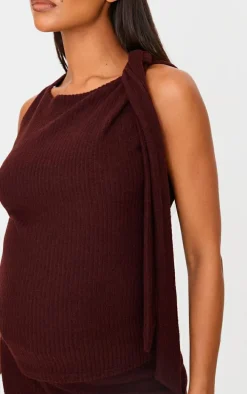 Maternity Chocolate Brushed Rib Tie Shoulder Top