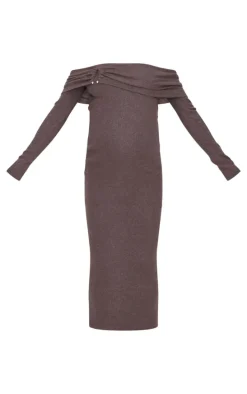 Maternity Chocolate Heavy Brushed Rib Bardot Trim Midaxi Dress