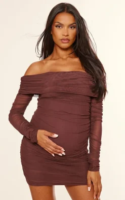 Maternity Chocolate Mesh Ruched Long Sleeve Mini Dress
