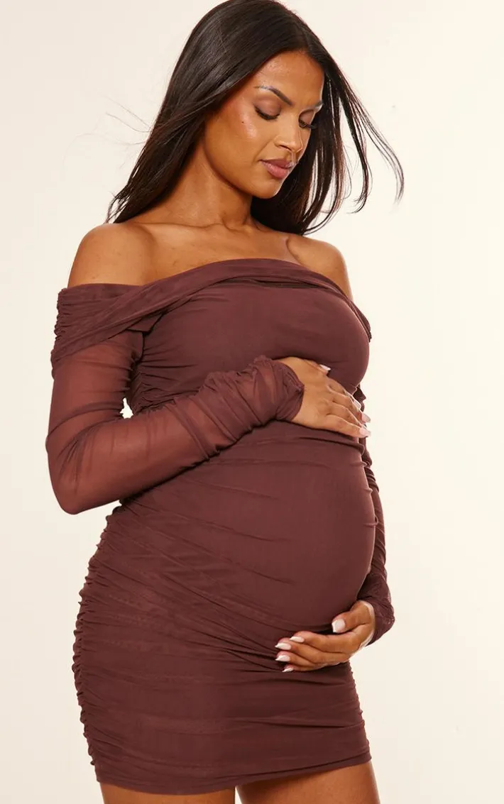 Maternity Chocolate Mesh Ruched Long Sleeve Mini Dress