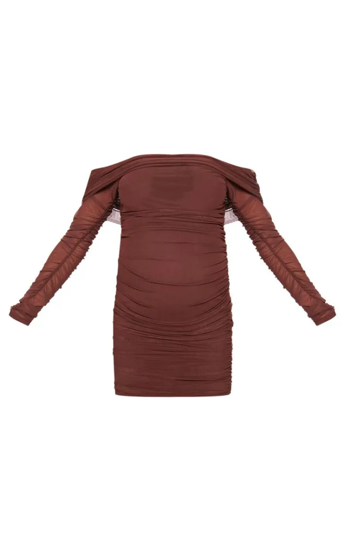 Maternity Chocolate Mesh Ruched Long Sleeve Mini Dress