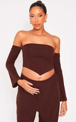 Maternity Chocolate Off The Shoulder Point Hem Top