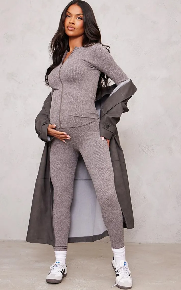 Maternity Chocolate Snatched Rib Zip Up Cardigan