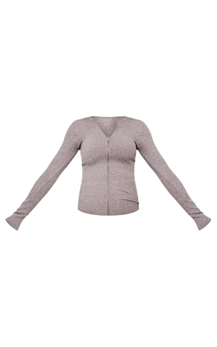 Maternity Chocolate Snatched Rib Zip Up Cardigan