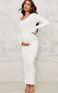 Maternity Cream Asymmetric Long Sleeve Rib Knit Maxi Dress