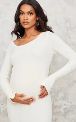 Maternity Cream Asymmetric Long Sleeve Rib Knit Maxi Dress
