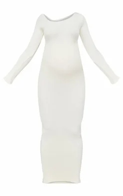 Maternity Cream Asymmetric Long Sleeve Rib Knit Maxi Dress