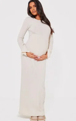 Maternity Cream Brushed Rib Long Sleeve Maxi Dress