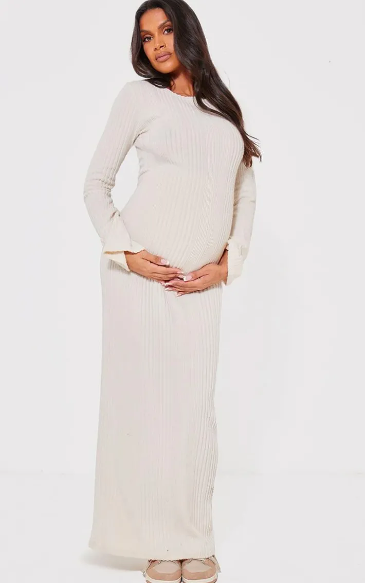 Maternity Cream Brushed Rib Long Sleeve Maxi Dress