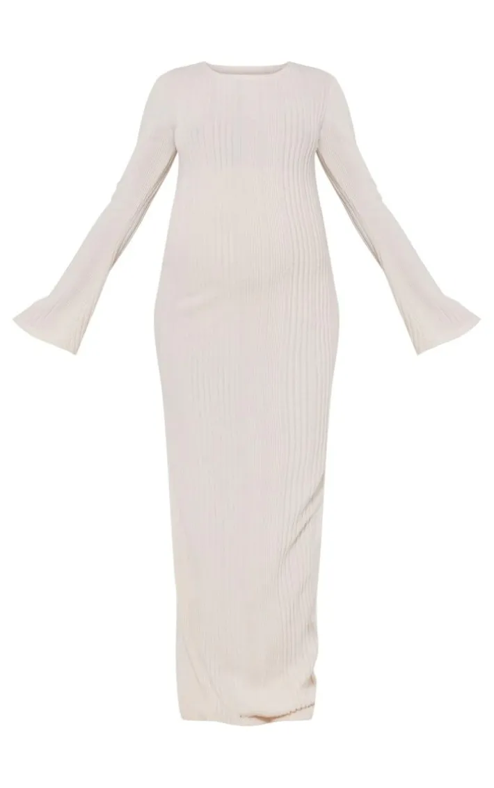 Maternity Cream Brushed Rib Long Sleeve Maxi Dress