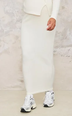 Maternity Cream Brushed Rib Asymmetric Button Maxi Skirt