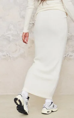 Maternity Cream Brushed Rib Asymmetric Button Maxi Skirt