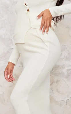 Maternity Cream Brushed Rib Asymmetric Button Maxi Skirt