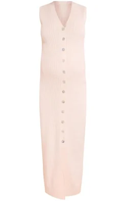 Maternity Cream Knit Sleeveless Button Up Maxi Dress