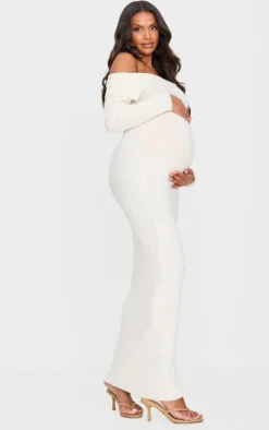 Maternity Cream Off The Shoulder Rib Knit Maxi Dress