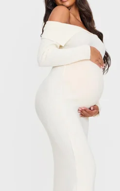 Maternity Cream Off The Shoulder Rib Knit Maxi Dress