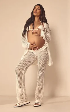 Maternity Cream Open Knitted Flared Pants