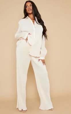 Maternity Cream Plisse High Waisted Wide Leg Pants