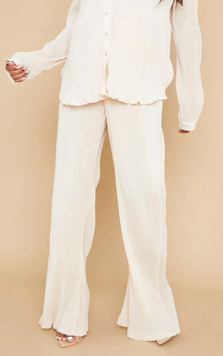 Maternity Cream Plisse High Waisted Wide Leg Pants