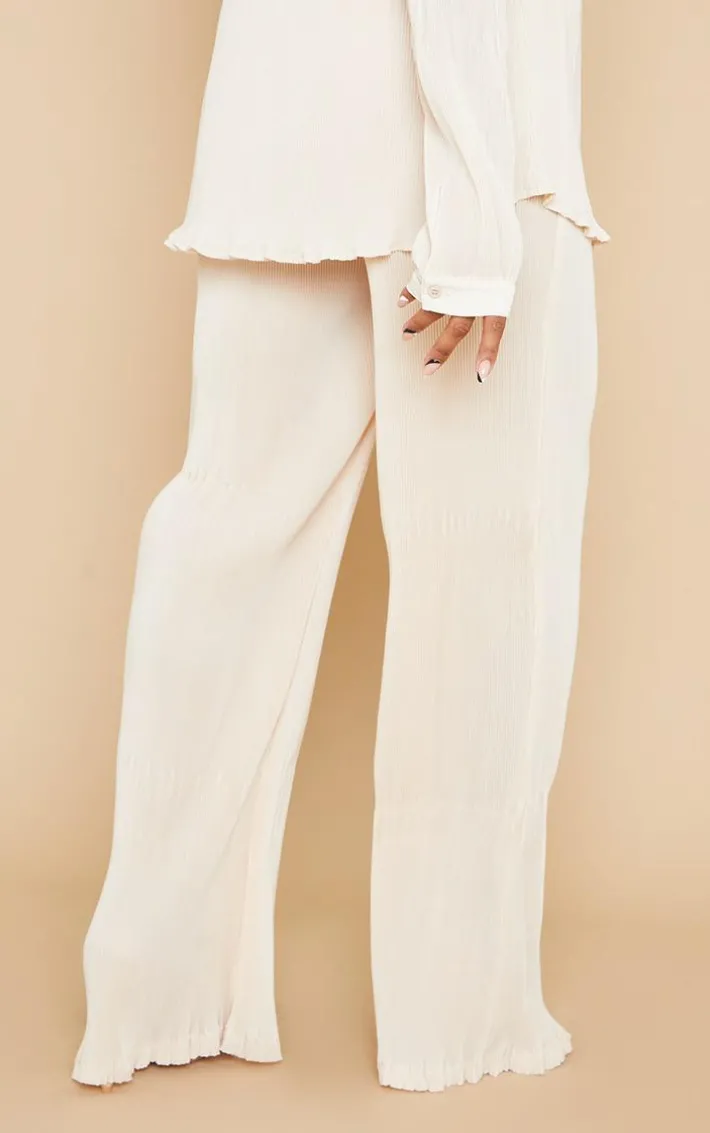 Maternity Cream Plisse High Waisted Wide Leg Pants