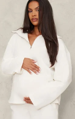 Maternity Cream Quarter Zip Long Sleeve Sweatshirt