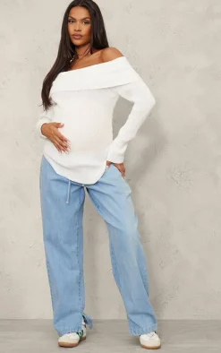 Maternity Cream Rib Knit Bandeau Long Sleeve Top