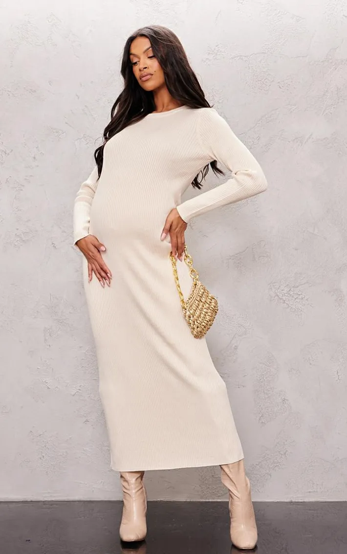 Maternity Cream Rib Knit Long Sleeve Maxi Dress