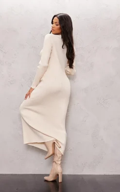 Maternity Cream Rib Knit Long Sleeve Maxi Dress