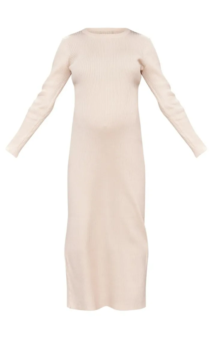 Maternity Cream Rib Knit Long Sleeve Maxi Dress