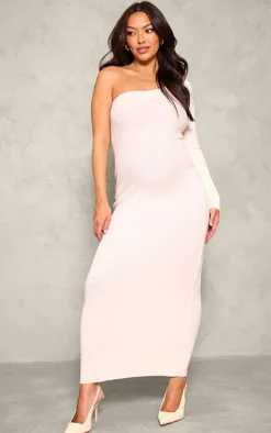 Maternity Cream Rib Knit One Shoulder Long Sleeve Midaxi Dress