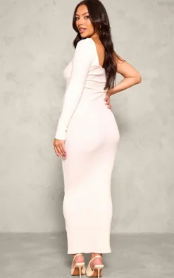 Maternity Cream Rib Knit One Shoulder Long Sleeve Midaxi Dress